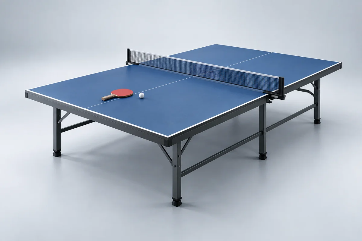 Blauer Tischtennistisch mit Netz, Schläger und Ball
